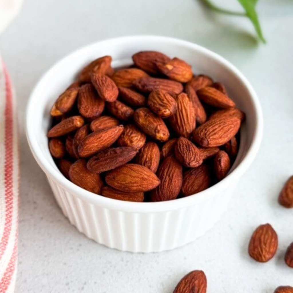 A small white ceramic bowl filled with roasted almonds sitting on a light countertop, with a few almonds scattered nearby and a tea towel in the background.