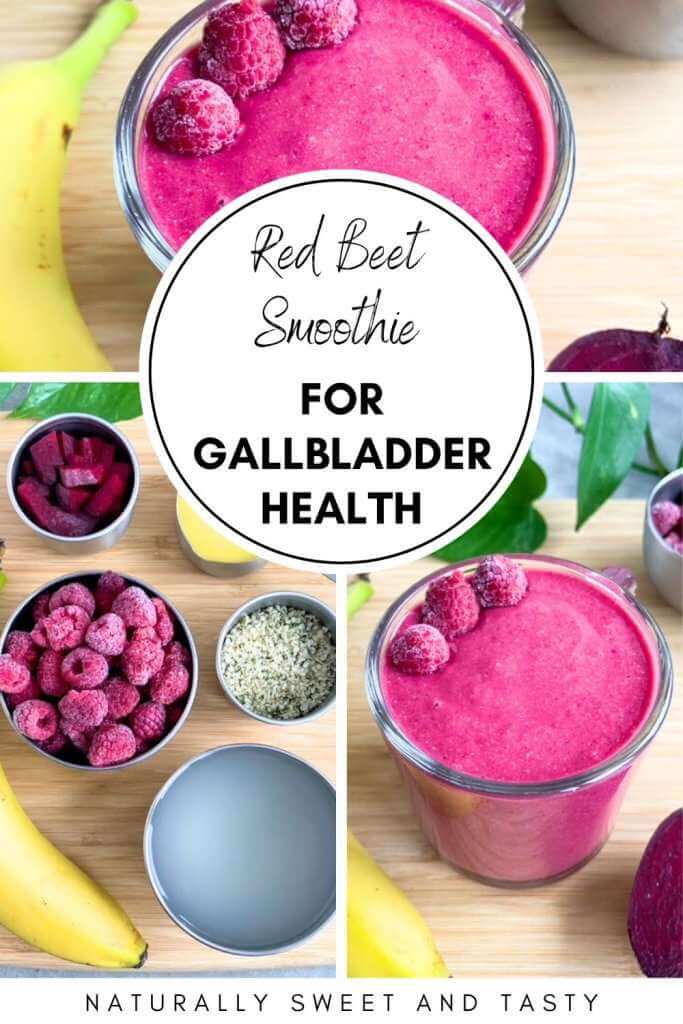 Three image collage showing a red beet smoothie topped with raspberries, a flat lay of smoothie ingredients including beets, raspberries, banana, hemp seeds, and coconut water, and a finished beet smoothie in a glass on a wooden board