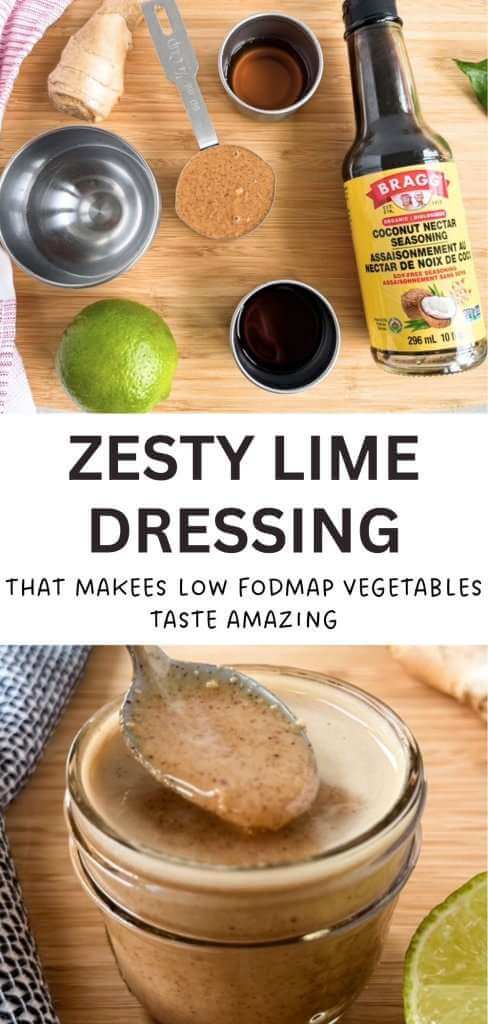 Two image pin with bottom image of a creamy dressing in a glass jar with a spoon on a wooden board beside lime and ginger. Top image: ingredients for the dressing arranged on a cutting board including almond butter, lime, ginger, tamari, maple syrup, coconut aminos, and water