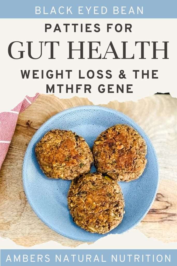 Pinterest image of 3 black eyed bean patties on a blue plate