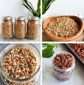 4 image collage of homemade granola recipes in jars and bowls.