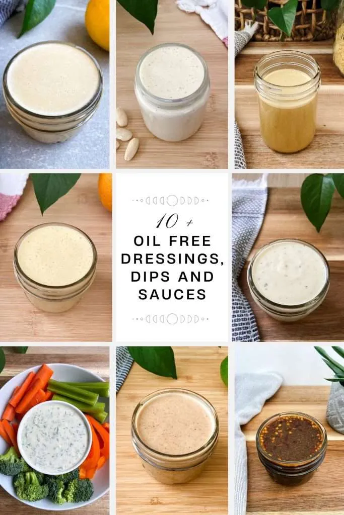 Collage pin of 8 oil free salad dressings, dips and sauces. 