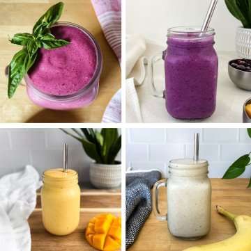 Four high protein fruit smoothies in glass jars, including berry, mango, and banana flavors, arranged in a square collage.