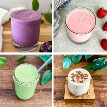Collage of four low FODMAP smoothies including a blueberry smoothie, strawberry smoothie, green smoothie, and creamy chocolate smoothie in glasses on kitchen counters with fresh ingredients and plants in the background.