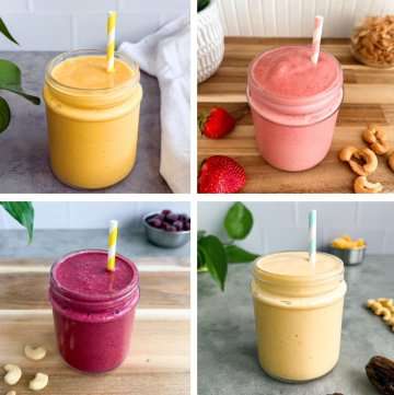 Four image collage of vegan fruit smoothies made with a creamy cashew base, including mango, strawberry, berry, and peach flavors in glass jars with straws