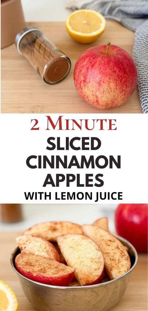 Pinterest pin for 2-minute sliced cinnamon apples with lemon juice, featuring fresh red apples, cinnamon, lemon, and a bowl of cinnamon apple slices