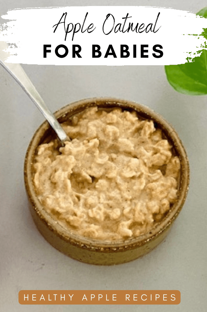 oatmeal on a bowl with a spoon and text overlay that says "apple oatmeal for babies"