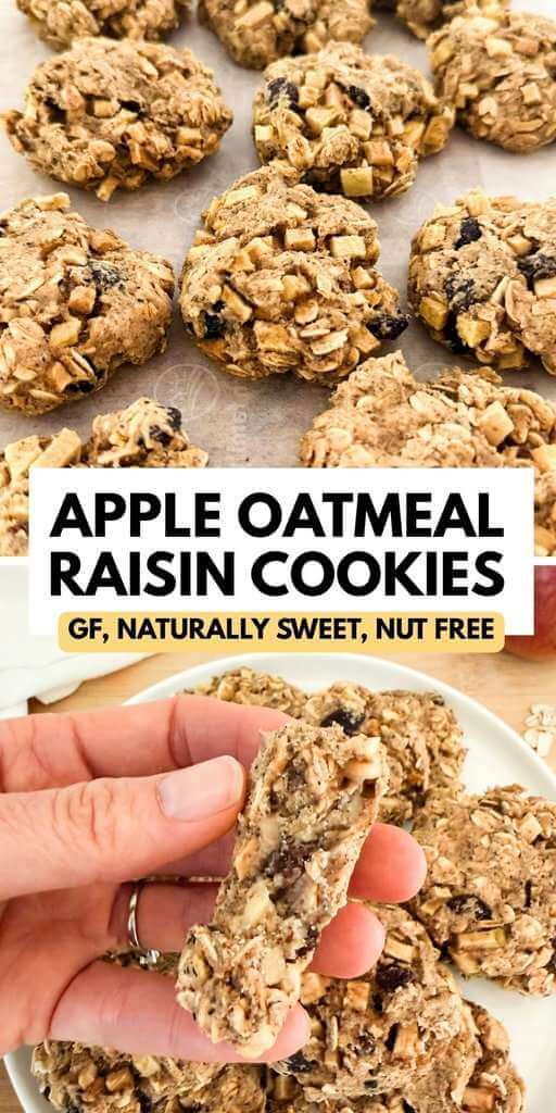 Two-image Pinterest pin featuring apple oatmeal raisin cookies with chopped apples and raisins, including a close-up of a hand holding a broken cookie.
