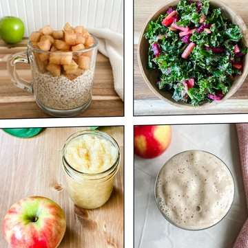 Collage of healthy apple recipes including apple chia pudding, kale apple salad, homemade applesauce, and an apple smoothie.