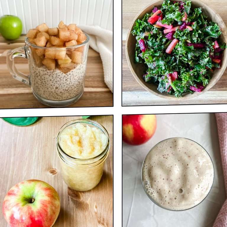 Collage of healthy apple recipes including apple chia pudding, kale apple salad, homemade applesauce, and an apple smoothie.