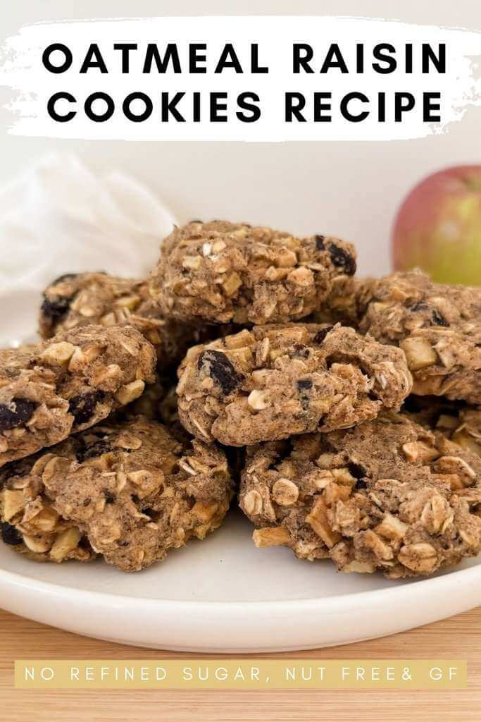 A plate of homemade oatmeal cookies with raisins and apple pieces, with a red and green apple in the background.