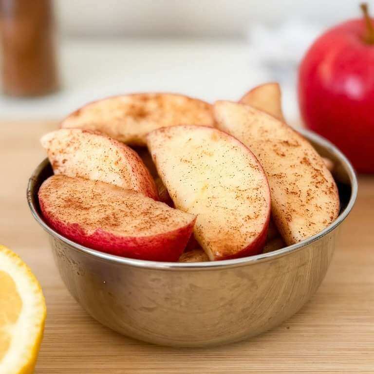 Sliced apples with cinnamon and fresh lemon juice in a bowl with a red apple and lemon in the background.