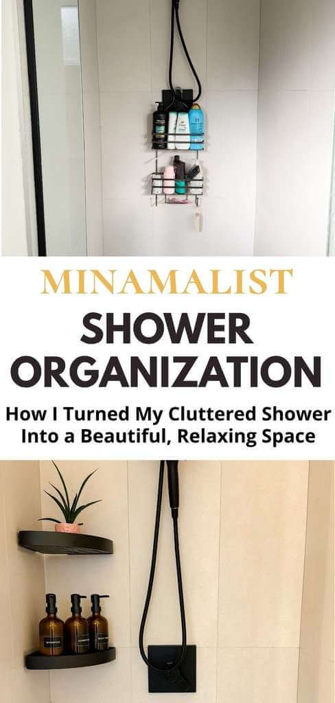 Before-and-after shower organization showing a cluttered metal shower caddy replaced with matte black corner shelves, amber bottles, and a small potted plant.